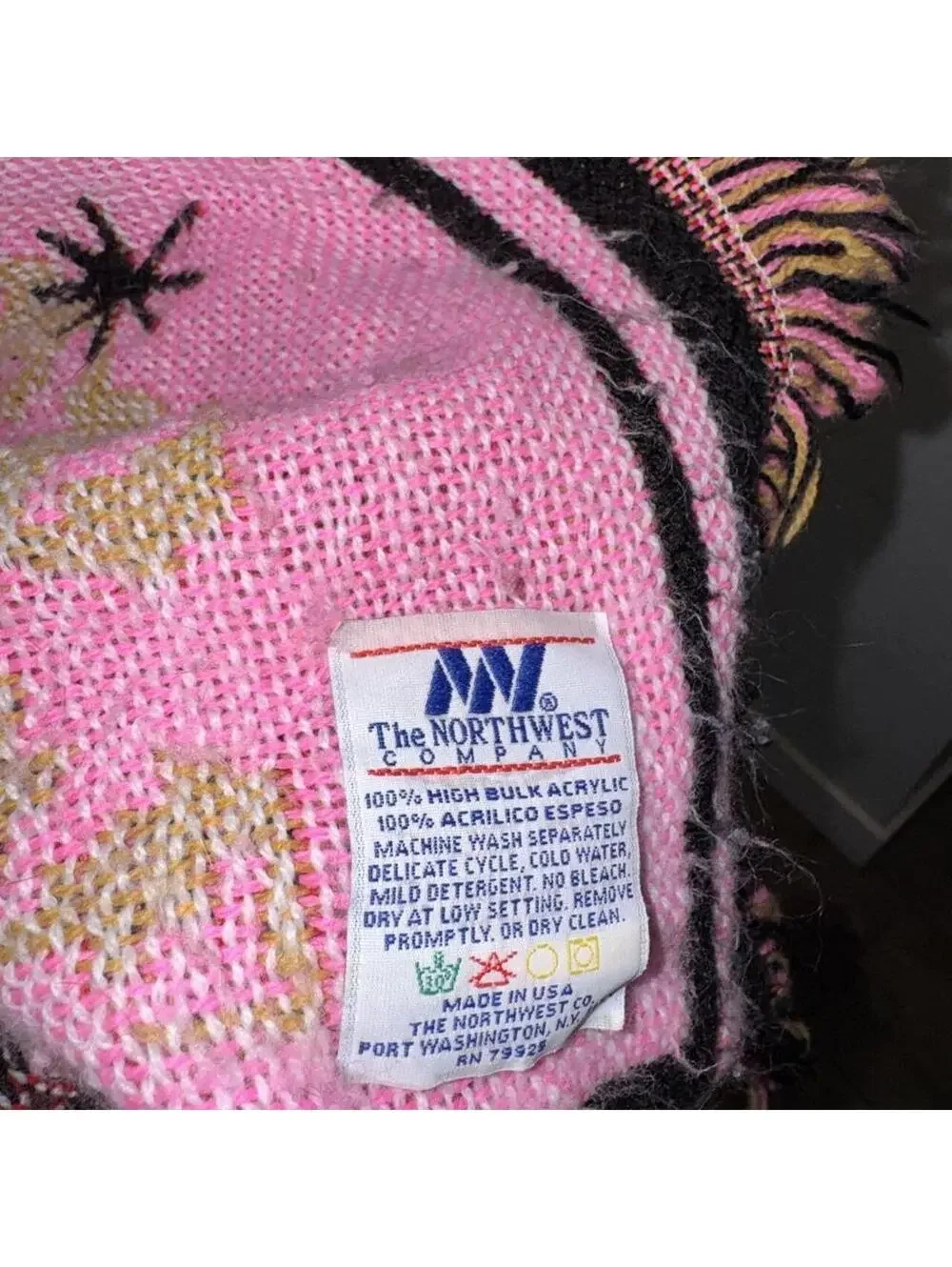 Vintage Barbie pink and black acrylic blanket with graphic of a woman with a cat